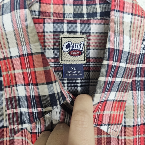 Cruel Girl Red and Blue Casual Button Down Shirt - Picture 3 of 4